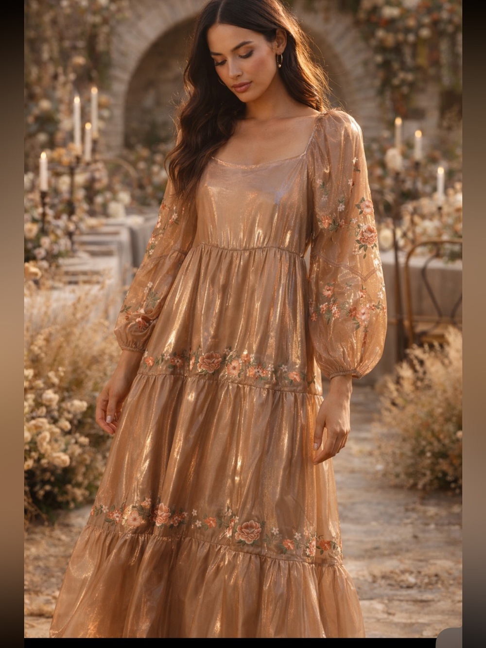 Savanna Jane Luminous Shimmer
Floral Embroidered Tiered Maxi NWT
Dress Medium - Picture 9 of 9